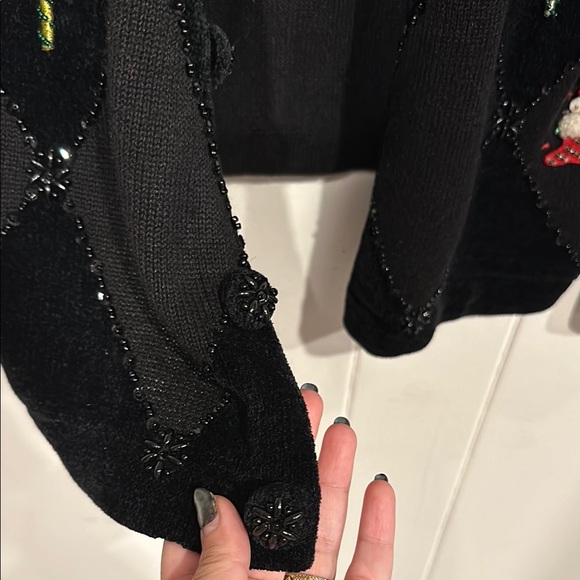Jack B. Quick Black Festive Cardigan Christmas w/ Sequins beads & fur! - Picture 7 of 11